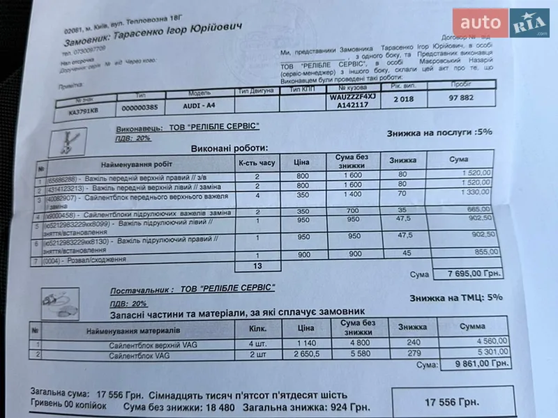 Седан Audi A4 2018 в Киеве документ