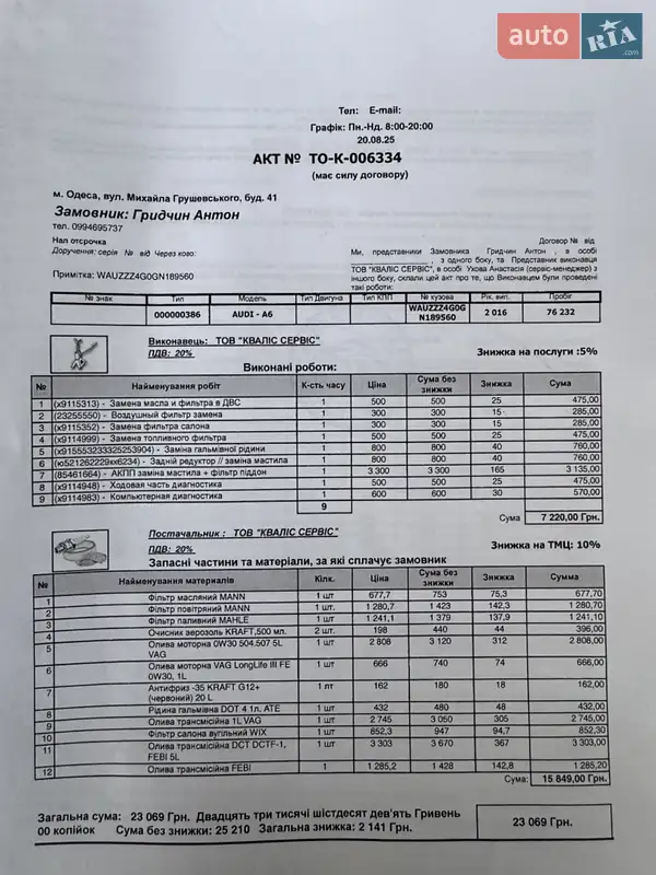 Седан Audi A6 2016 в Киеве документ