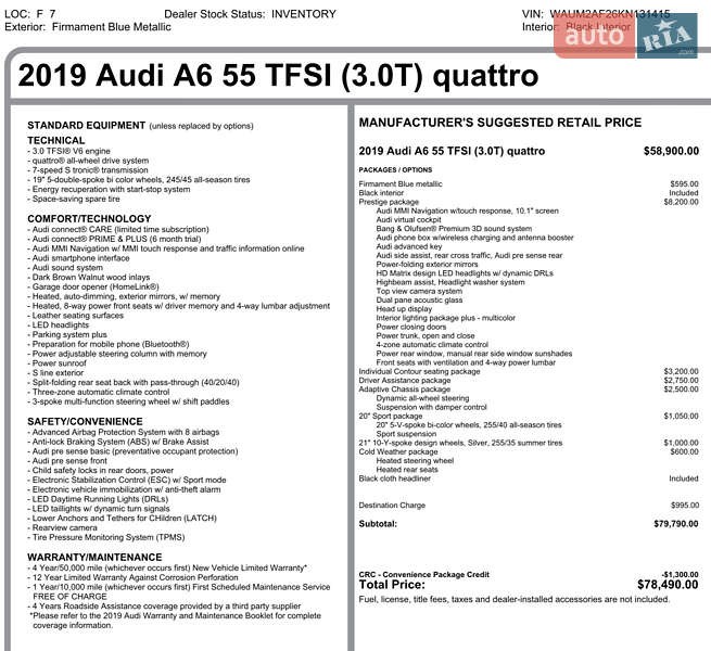 Седан Audi A6 2019 в Киеве