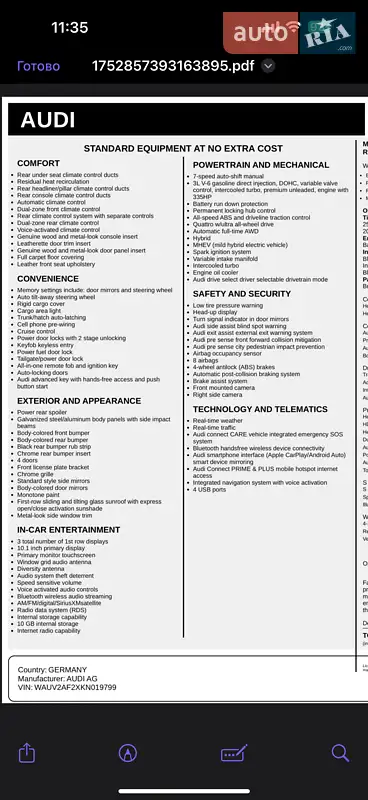 Ліфтбек Audi A7 Sportback 2019 в Львові документ