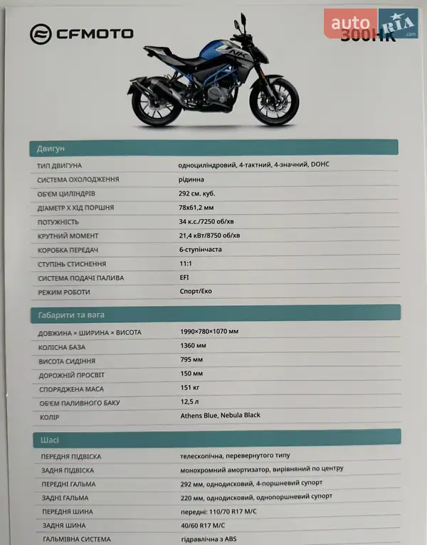 Мотоцикл Без обтекателей (Naked bike) CFMOTO 300NK 2024 в Кропивницком документ