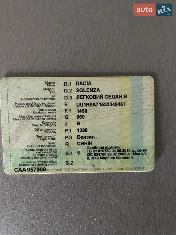 Седан Dacia Solenza 2004 в Солотвині документ