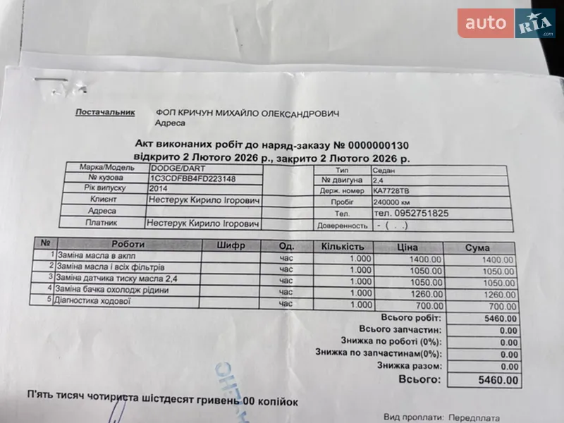 Седан Dodge Dart 2014 в Киеве документ