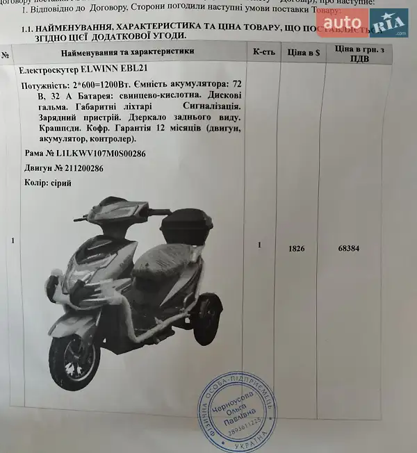 Вантажні моторолери, мотоцикли, скутери, мопеди Elwinn EM 2023 в Христинівці документ