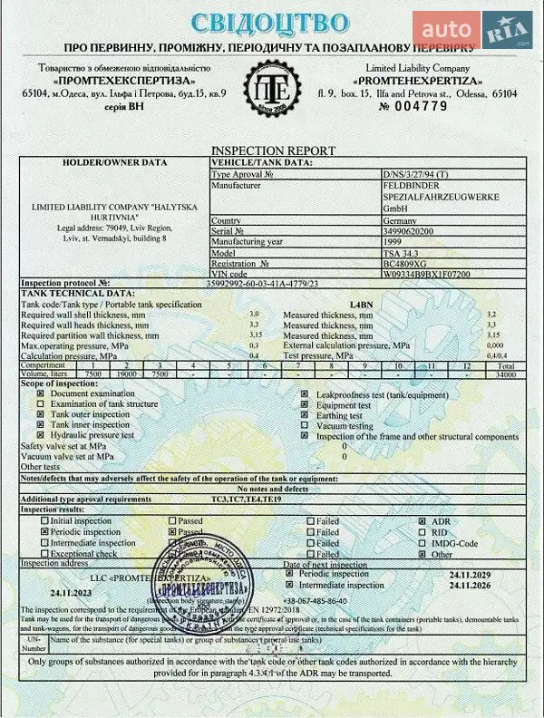 Цистерна напівпричіп Feldbinder TSA 1999 в Львові документ