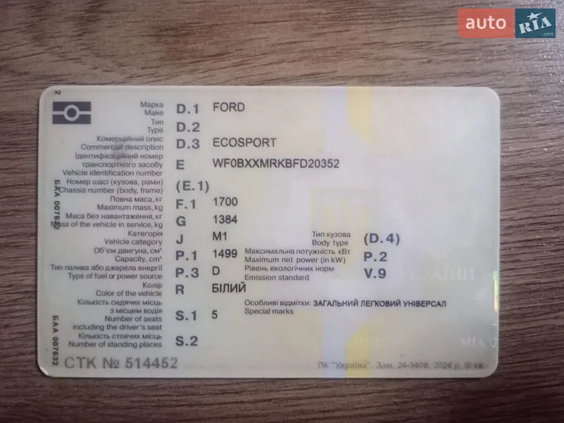 Позашляховик / Кросовер Ford EcoSport 2015 в Києві документ