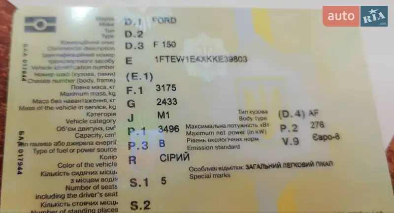 Пикап Ford F-150 2019 в Виноградове документ