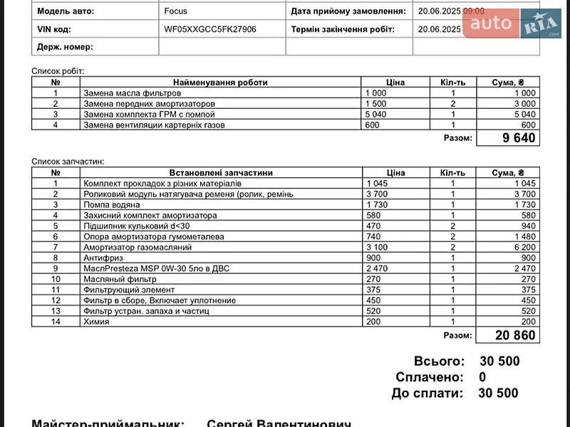 Хетчбек Ford Focus 2015 в Одесі документ