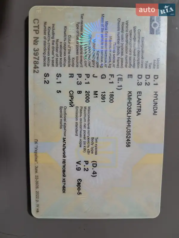 Хэтчбек Hyundai Elantra 2016 в Киеве документ