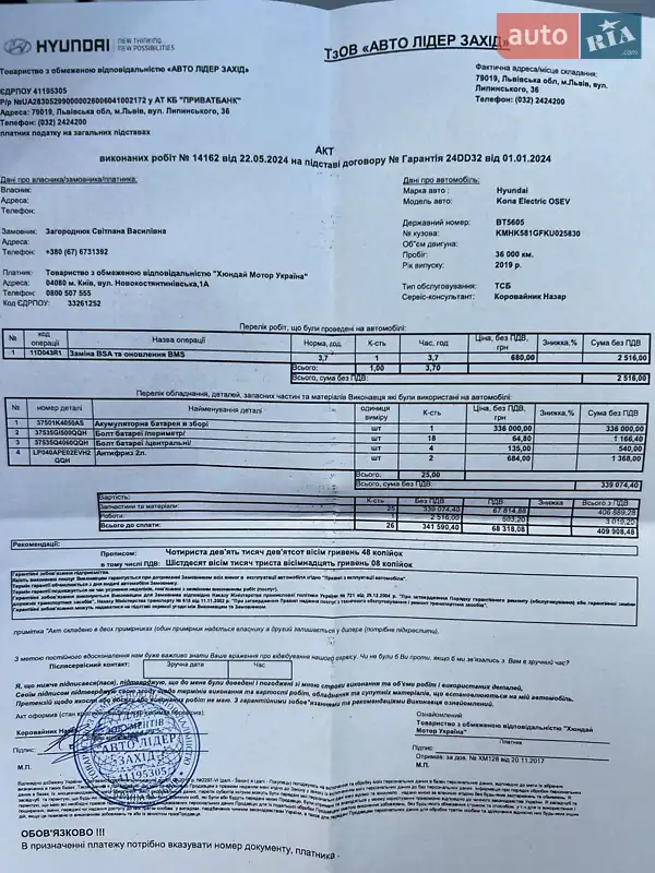 Внедорожник / Кроссовер Hyundai Kona Electric 2019 в Львове документ