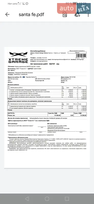 Внедорожник / Кроссовер Hyundai Santa FE 2014 в Одессе документ