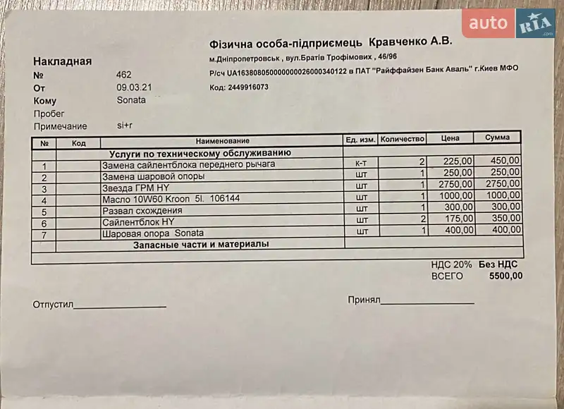 Седан Hyundai Sonata 2005 в Краснограді документ