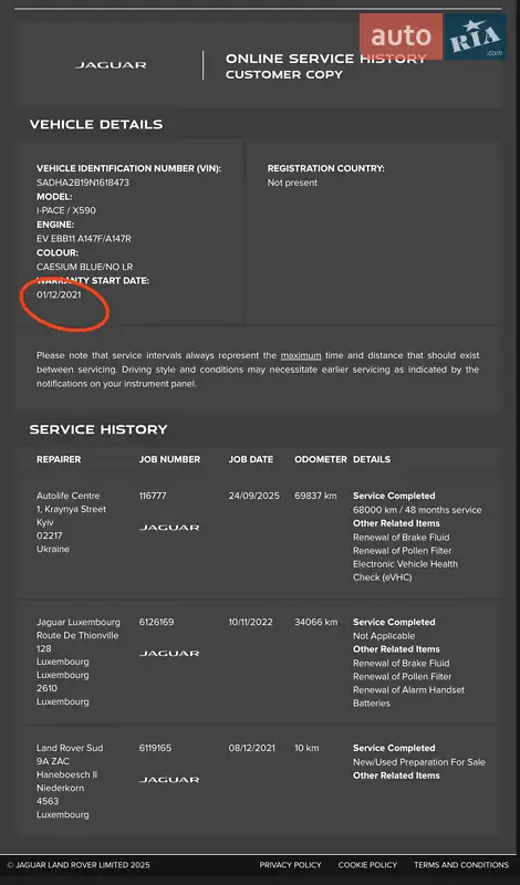 Внедорожник / Кроссовер Jaguar I-Pace 2021 в Киеве документ