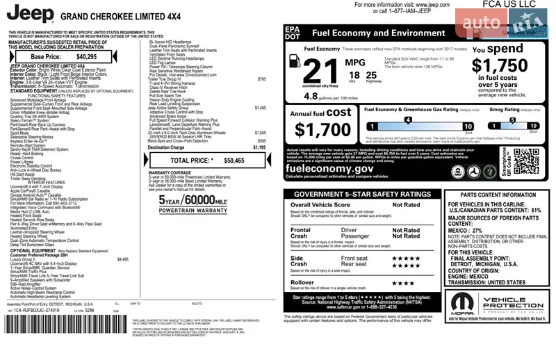 Позашляховик / Кросовер Jeep Grand Cherokee 2018 в Києві документ