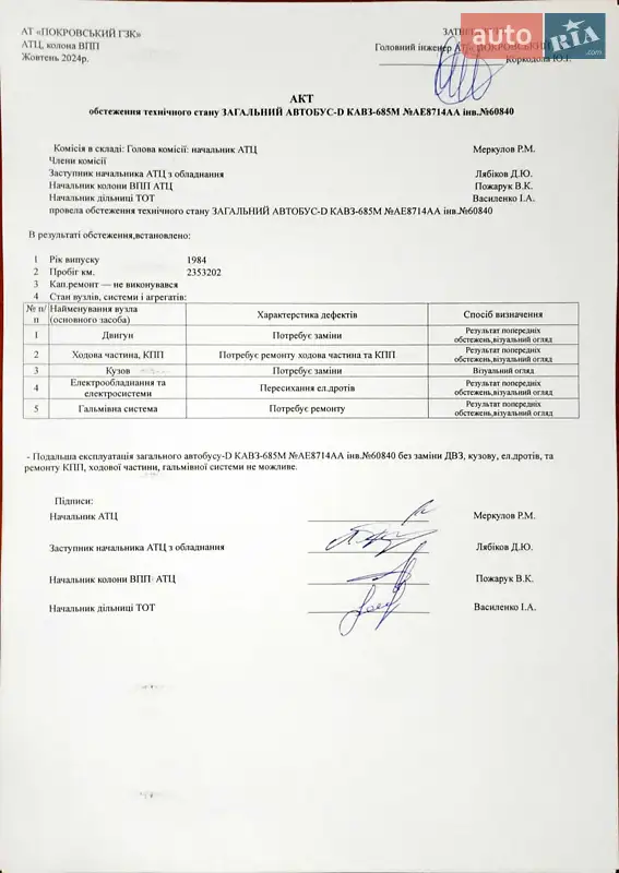 Городской автобус КАВЗ 685 1989 в Покрове документ