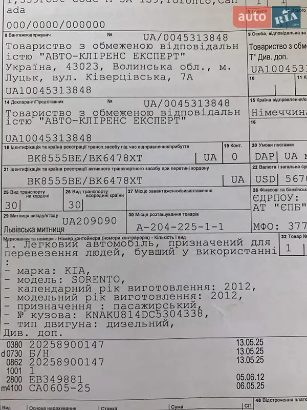 Внедорожник / Кроссовер Kia Sorento 2012 в Вараше документ