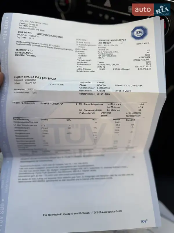 Внедорожник / Кроссовер Kia Sorento 2012 в Ивано-Франковске документ