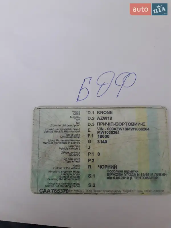 Борт Krone BDF 1992 в Днепре документ