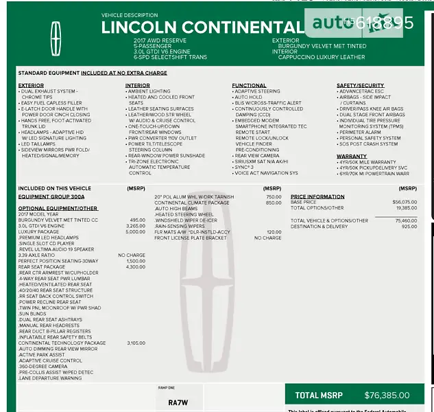 Седан Lincoln Continental 2017 в Виннице документ