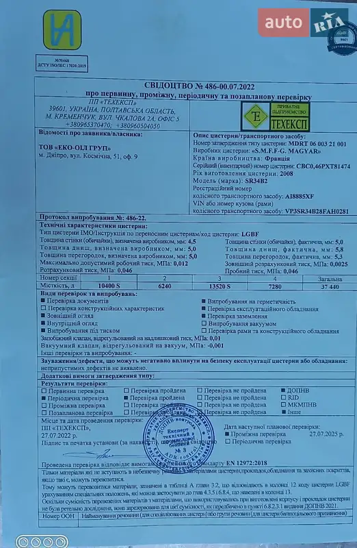 Цистерна полуприцеп Magyar SR 2008 в Киеве документ