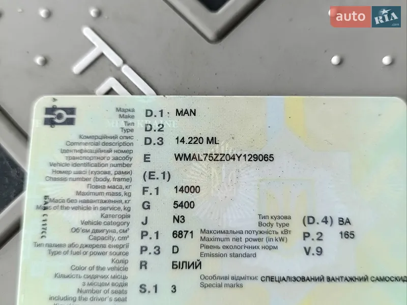 Самосвал MAN 14.222 2005 в Глыбокой документ