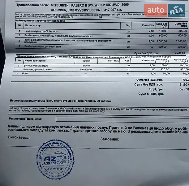 Внедорожник / Кроссовер Mitsubishi Pajero 2000 в Первомайске документ