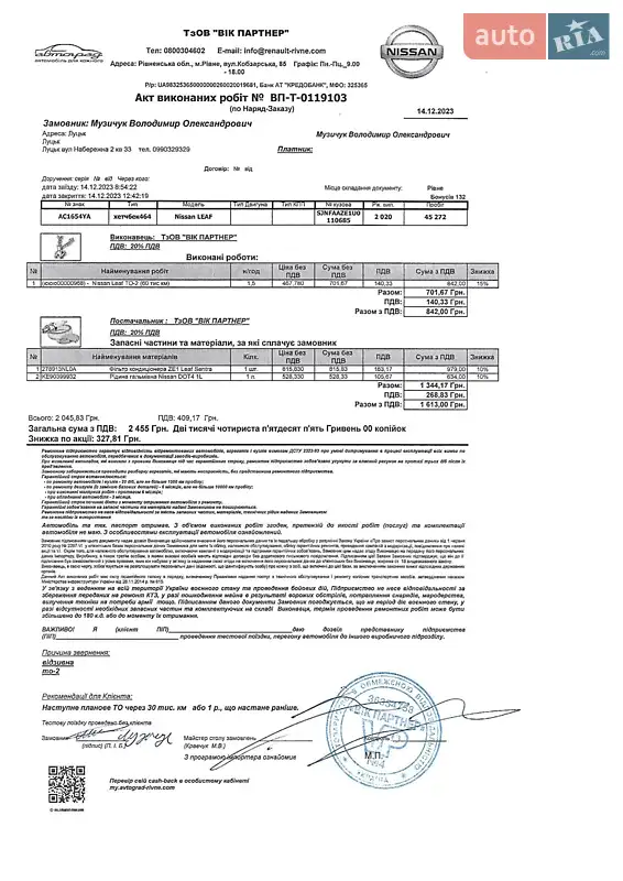 Хэтчбек Nissan Leaf 2020 в Луцке документ
