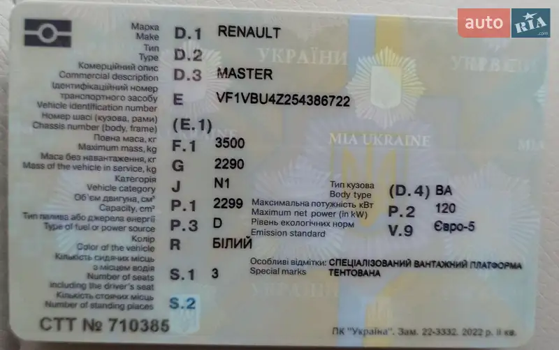 Грузовой фургон Renault Master 2016 в Ужгороде документ