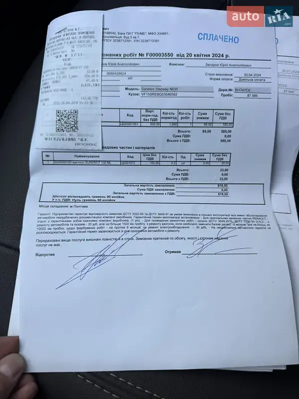 Хетчбек Renault Sandero 2015 в Полтаві документ