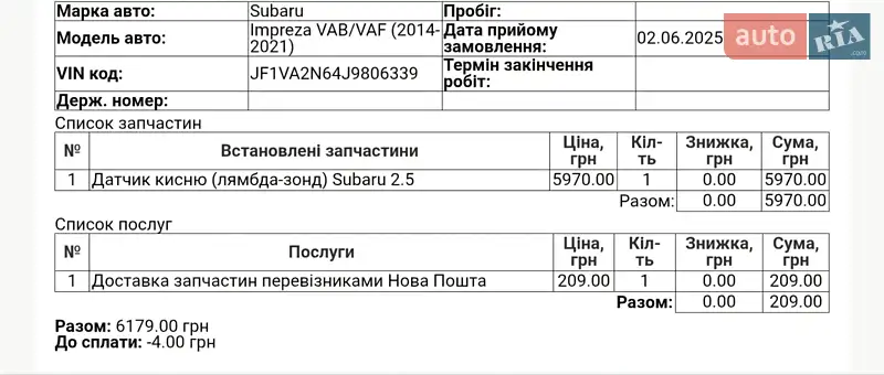 Седан Subaru WRX STI 2017 в Киеве документ