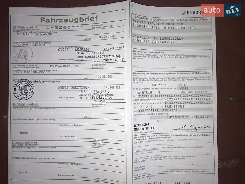 Мотоцикл Спорт-туризм Suzuki GSF 600 Bandit S 1997 в Полтаві документ