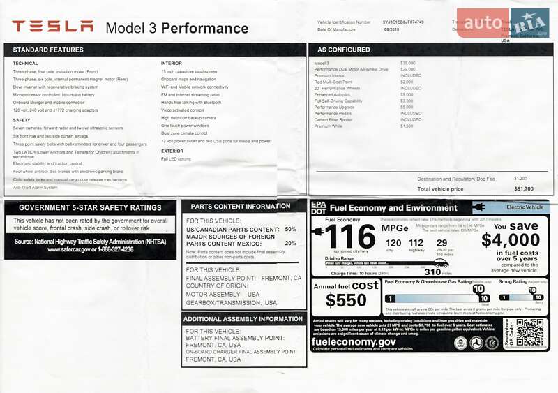 Седан Tesla Model 3 2018 в Києві