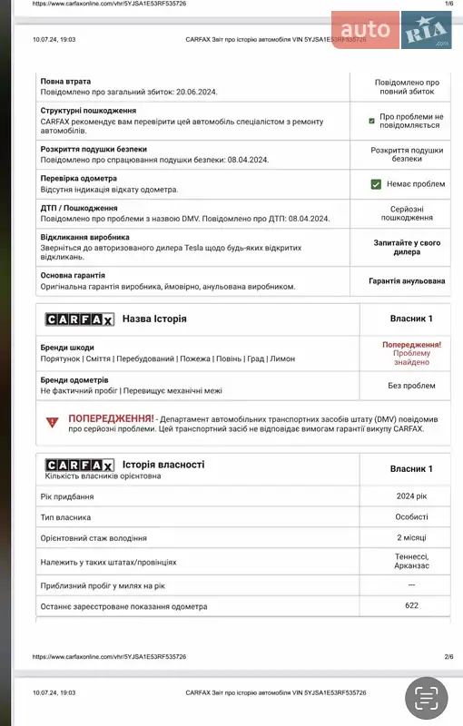 Лифтбек Tesla Model S 2024 в Киеве документ