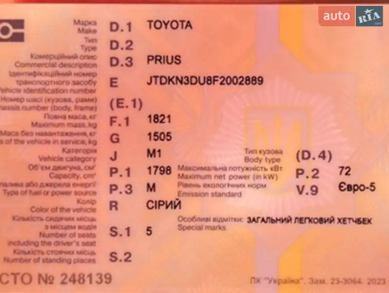 Хетчбек Toyota Prius 2015 в Києві документ