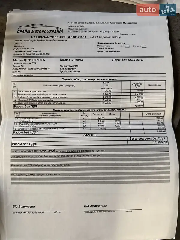 Позашляховик / Кросовер Toyota RAV4 2010 в Києві документ