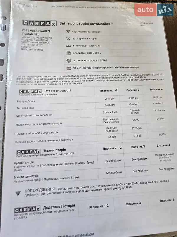 Внедорожник / Кроссовер Volkswagen Tiguan 2011 в Львове документ