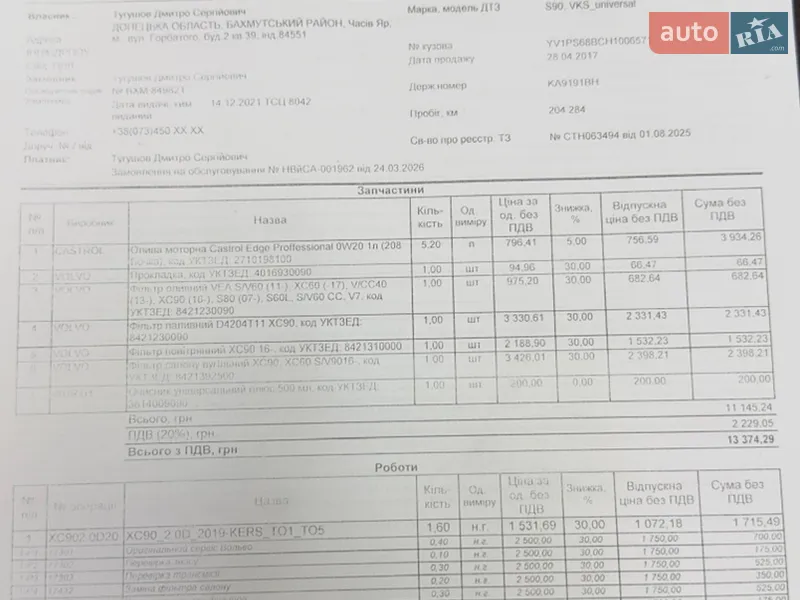 Седан Volvo S90 2016 в Києві документ