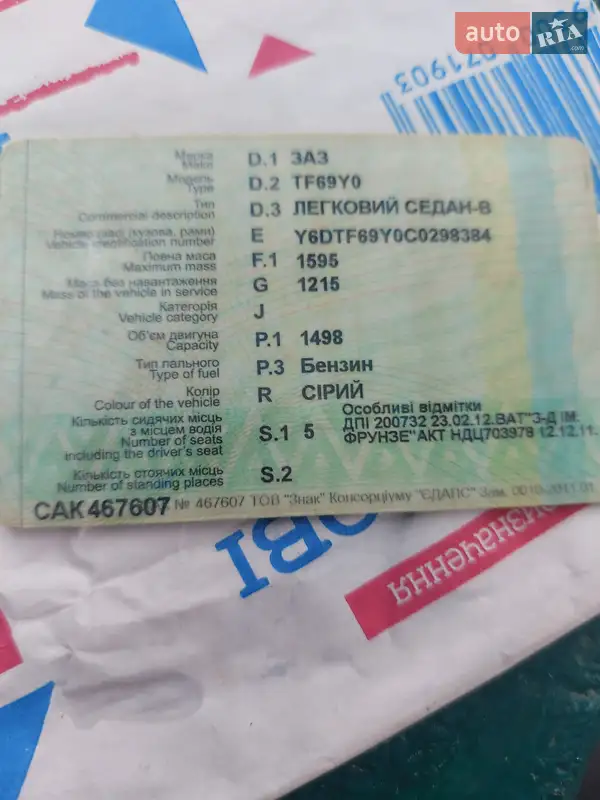 Седан ЗАЗ Lanos 2011 в Харькове документ