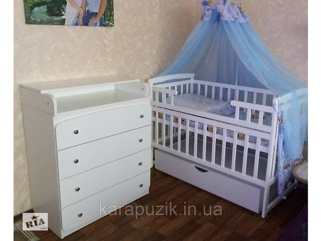 АКЦИЯ! кроватка на шарнирах Лодочка Де сон + комод + постельный набор 9в1+ матрас Белый