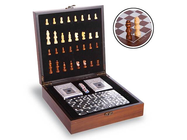 Шахматы, домино, карты 3 в 1 набор настольных игр деревянные W2650 Brown (SP00070)