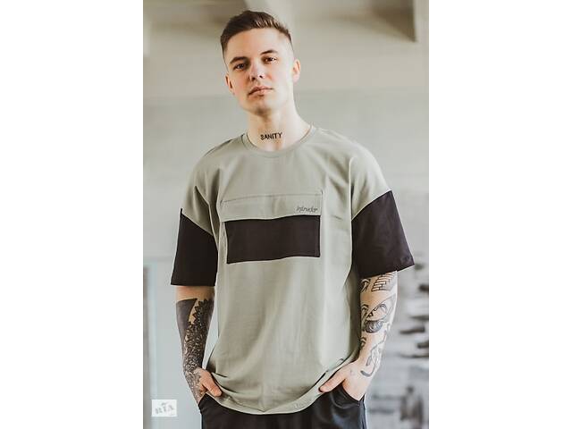 Футболка мужская спортивная Freedom оливковая с черным трикотажная Oversize SKL59-292666
