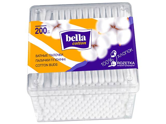 Ватные палочки Bella в прямоугольной упаковке, 200 шт.